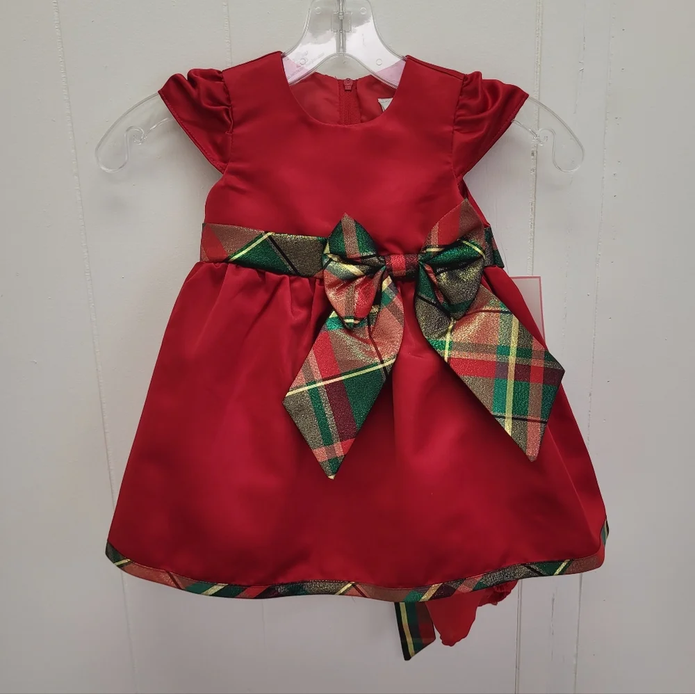 Rare Editions Baby Girl Plaid Bow Detail Satin Dress With Diaper Panty